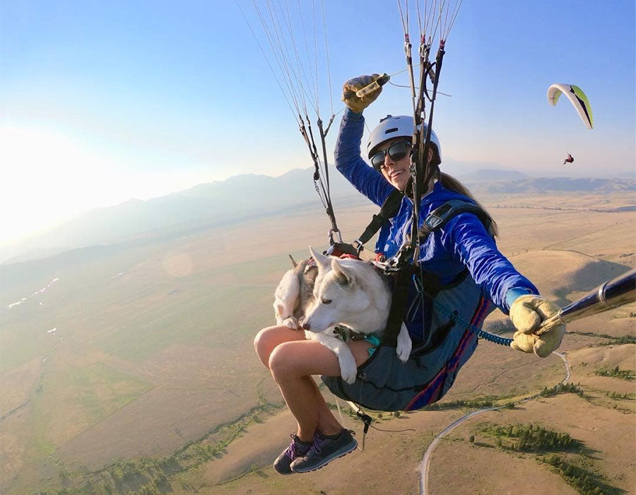 Becca paraglides with dog Tala.