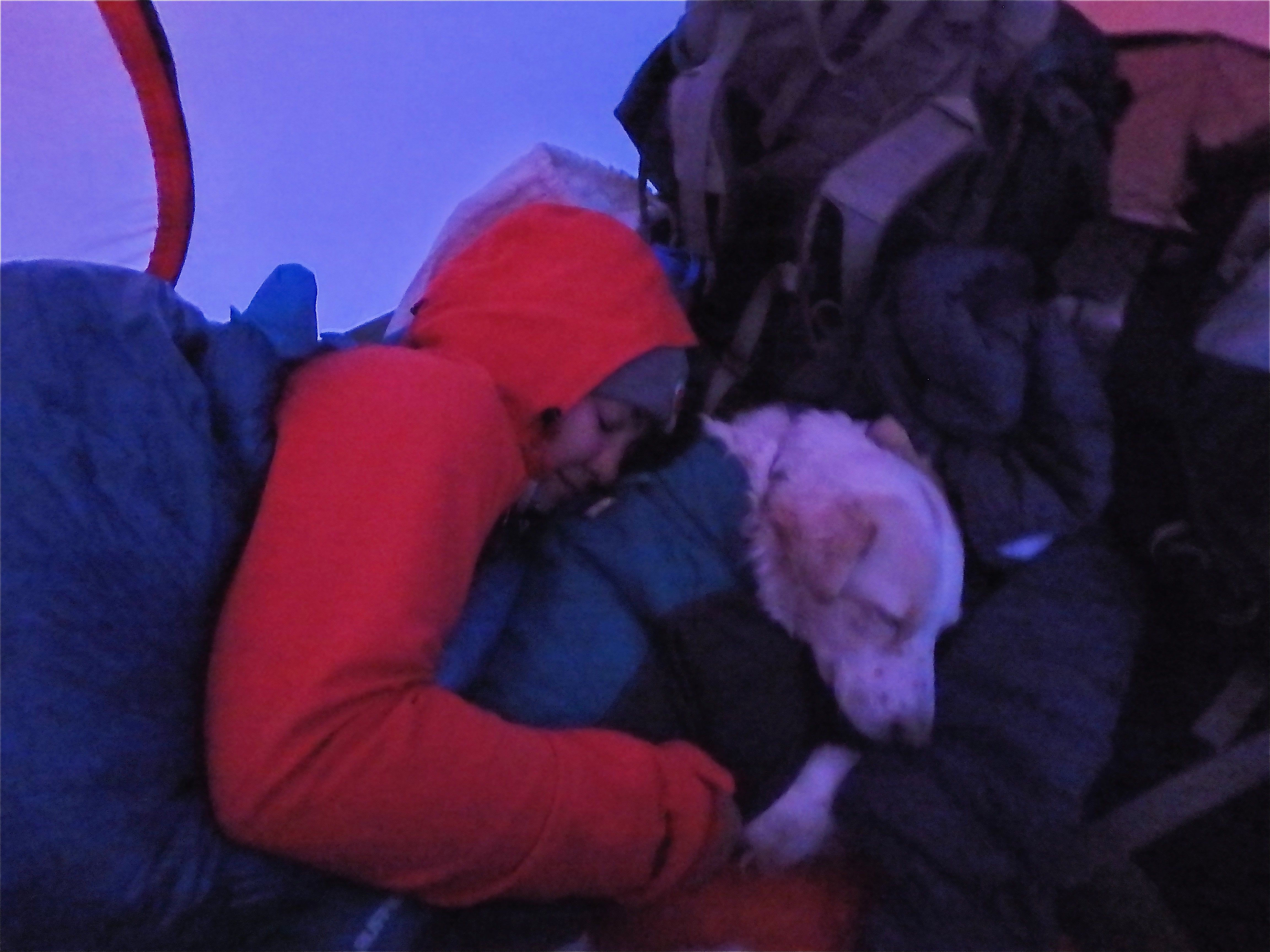 In a tent, a woman cuddles up next to her dog who is wearing a Ruffwear Powder Hound™ Jacket.