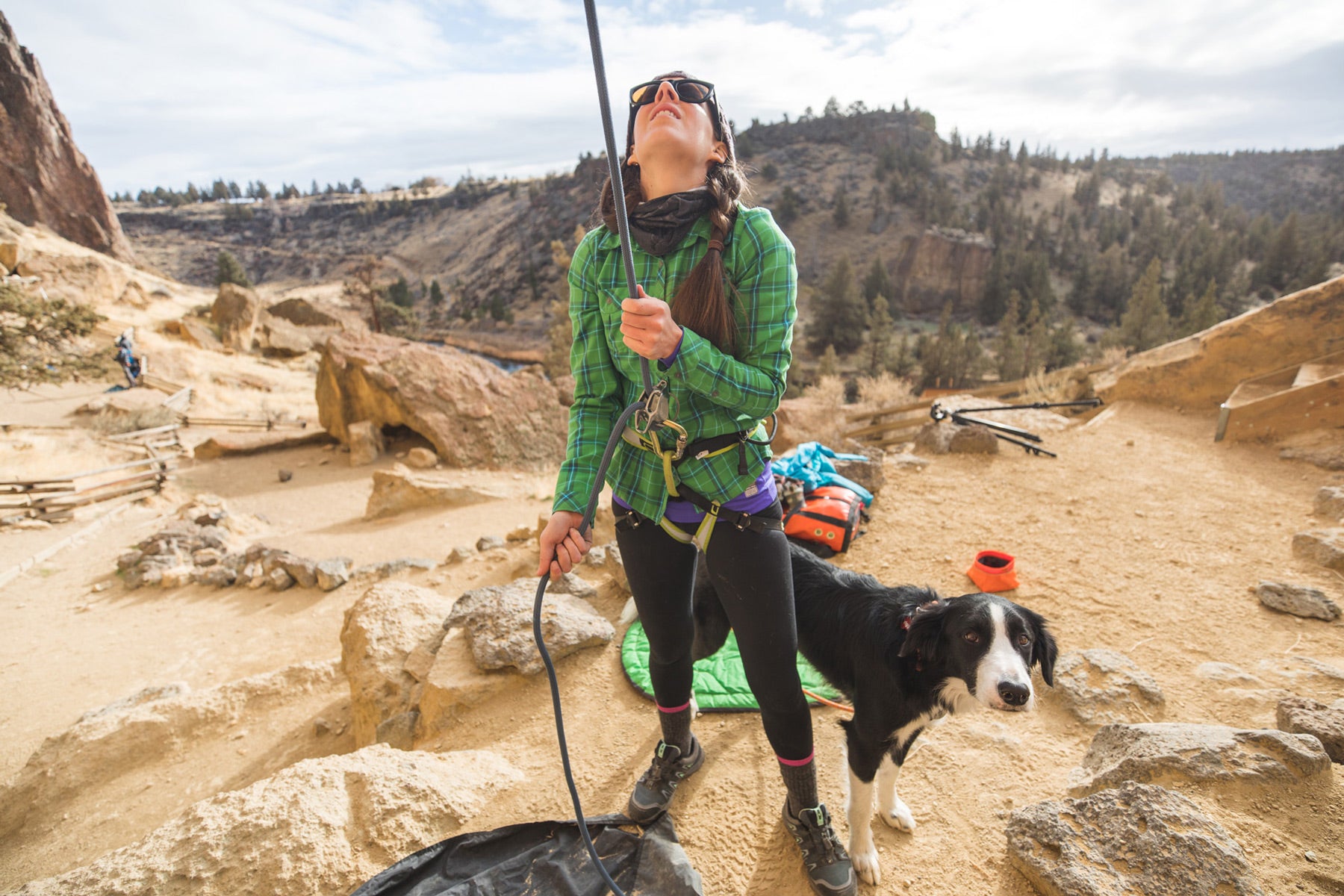 Crag dog stands at belayers side.