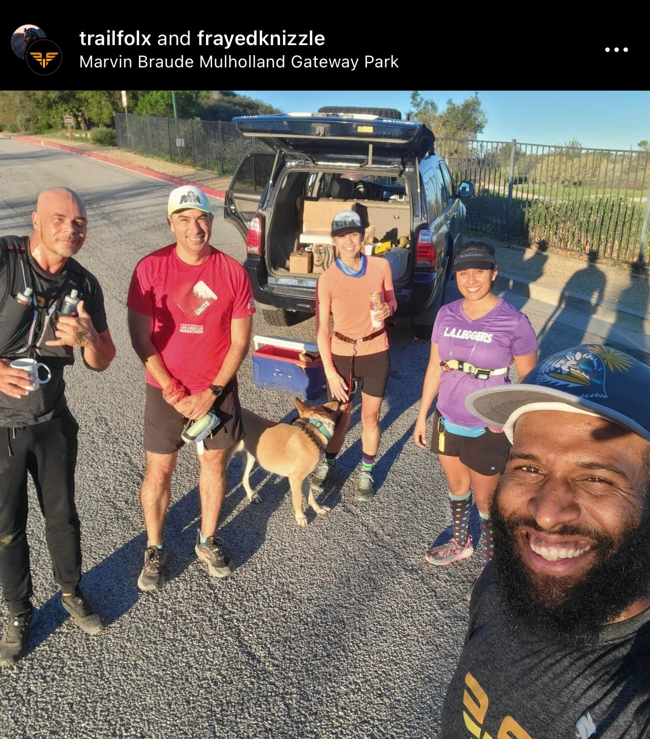 Instagram post from Trail Folx showing a selfie group shot of a running group