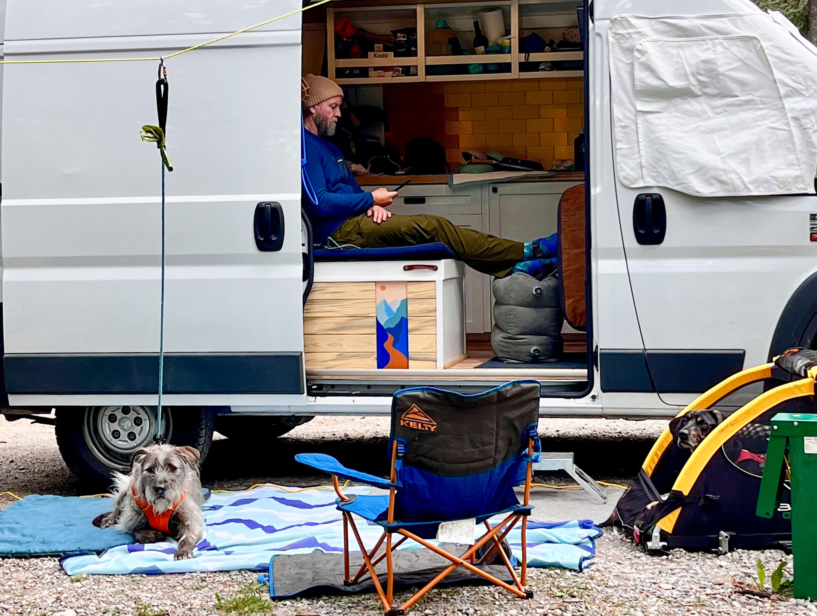 A man and two dogs rest in a camper van.