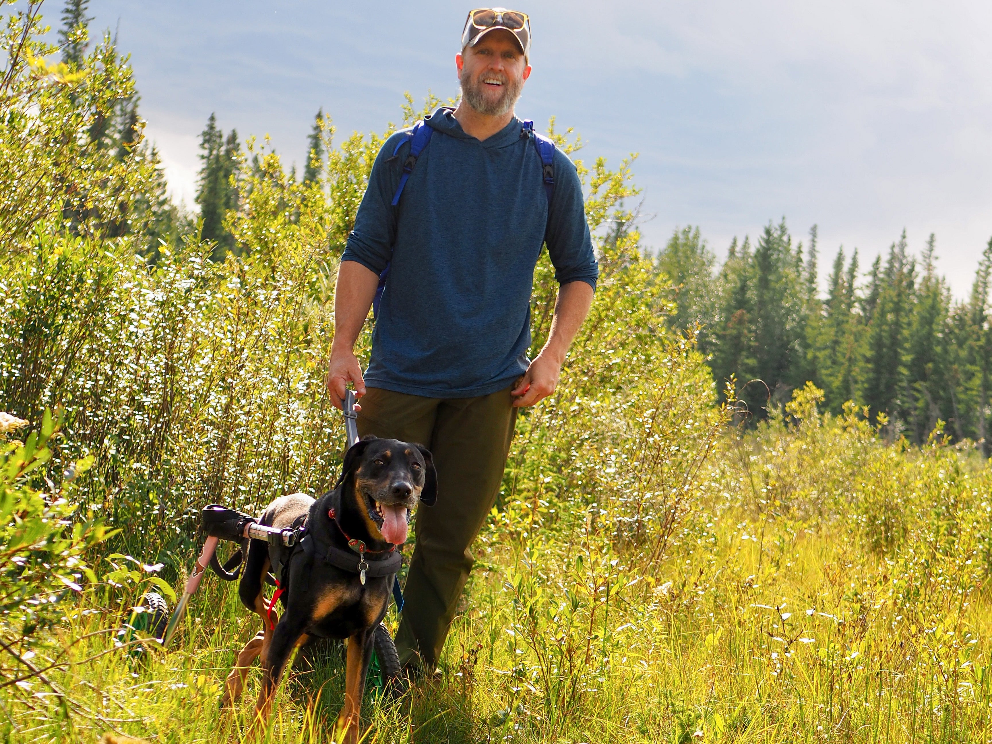 A man and his dog who is using a dog wheelchair walk on a trail in Canada. 