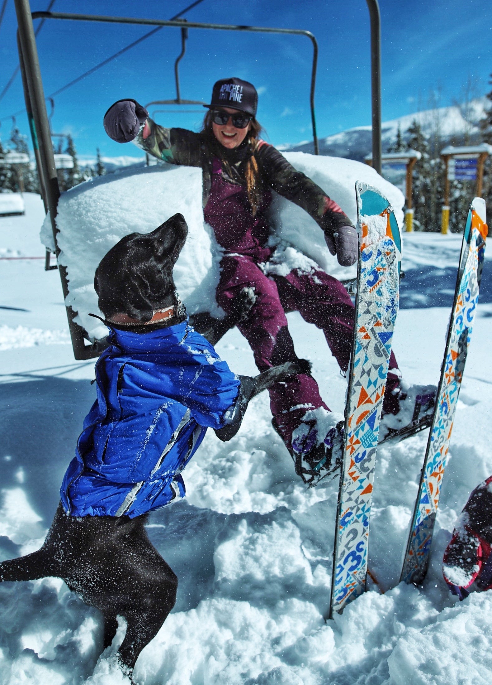 Leanne gets on a ski lift while her dog, Stout, looks up at her from the snow. 