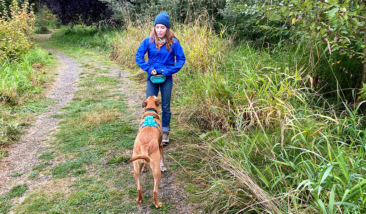 Liz and Bernie putting an almost-there prototype of the Home Trail Hip Pack to the test.