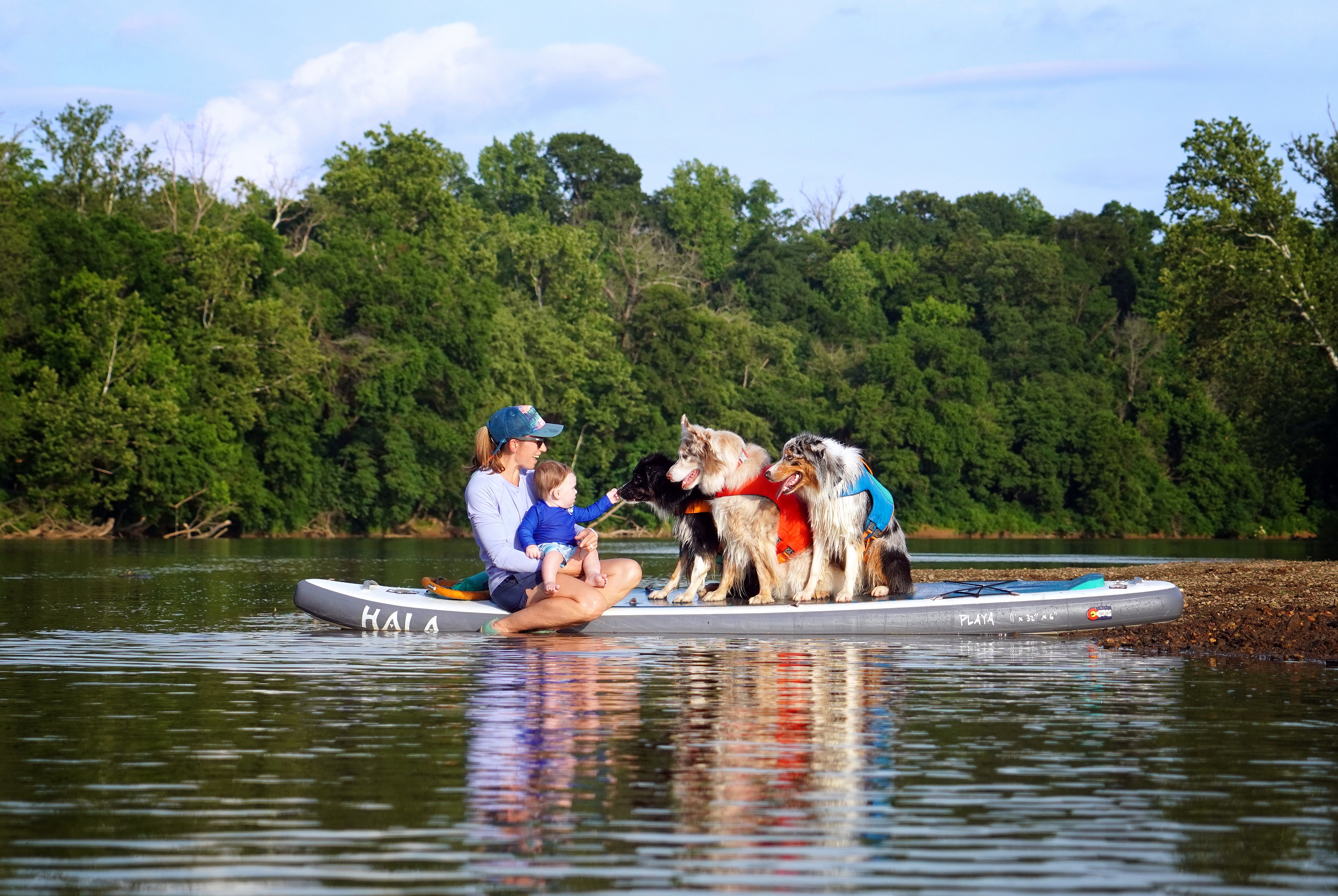 A woman sits on a paddleboard with her baby and dogs. 