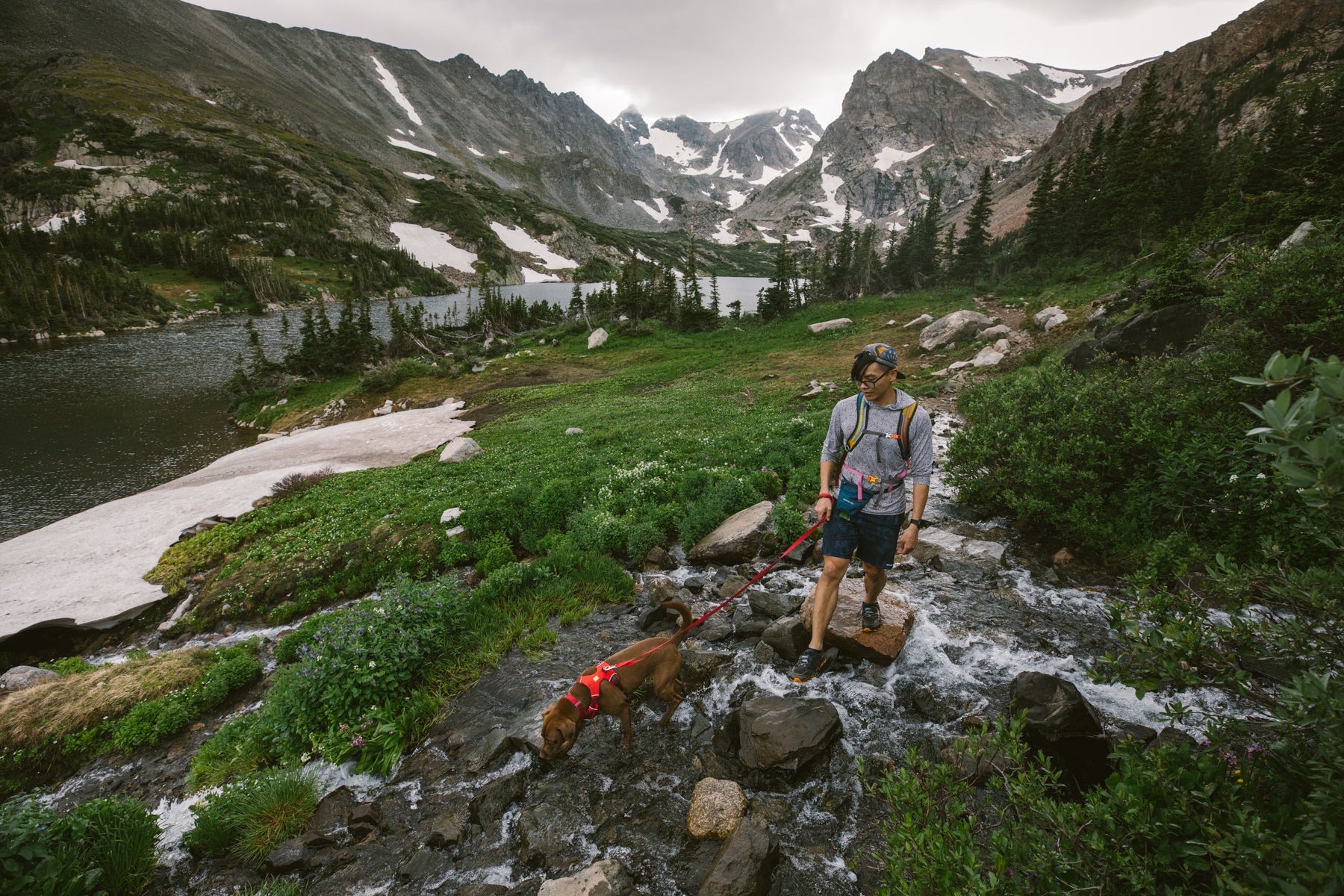 Nathan and Turkey wade through a creek in the mountains of the Indian Peaks Wilderness.