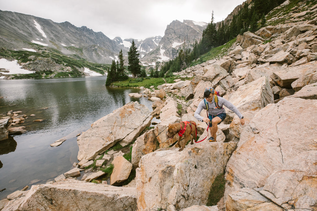 Nathan and Turkey scrambling over rocks in the mountains.