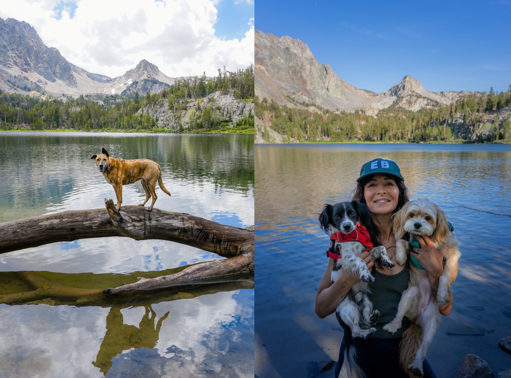 Two side-by-side images, one of Lhotse at a lake, the other of Noel with Sue and Fin at the same lake years later