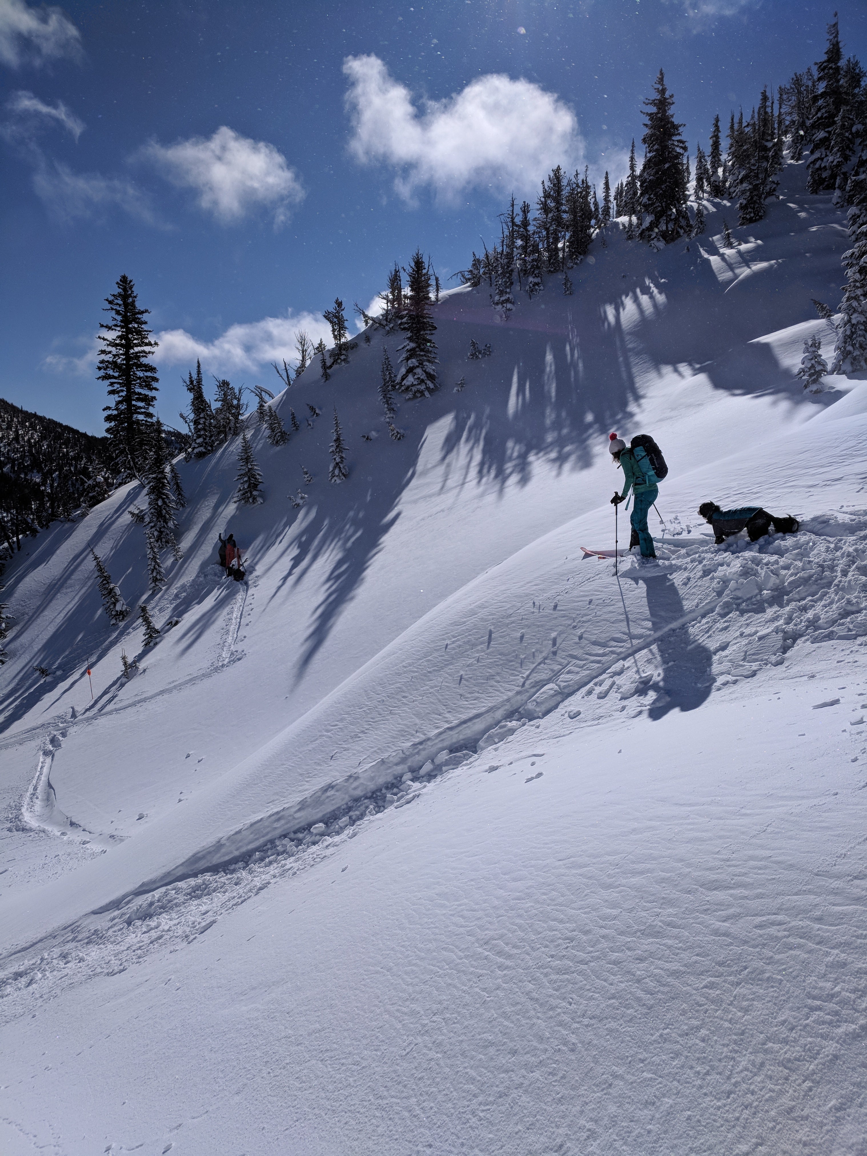 Alli and Riggins drop into a ski slope.