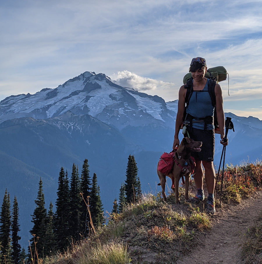 A man and his dog walk on a mountain trail in Washington. 