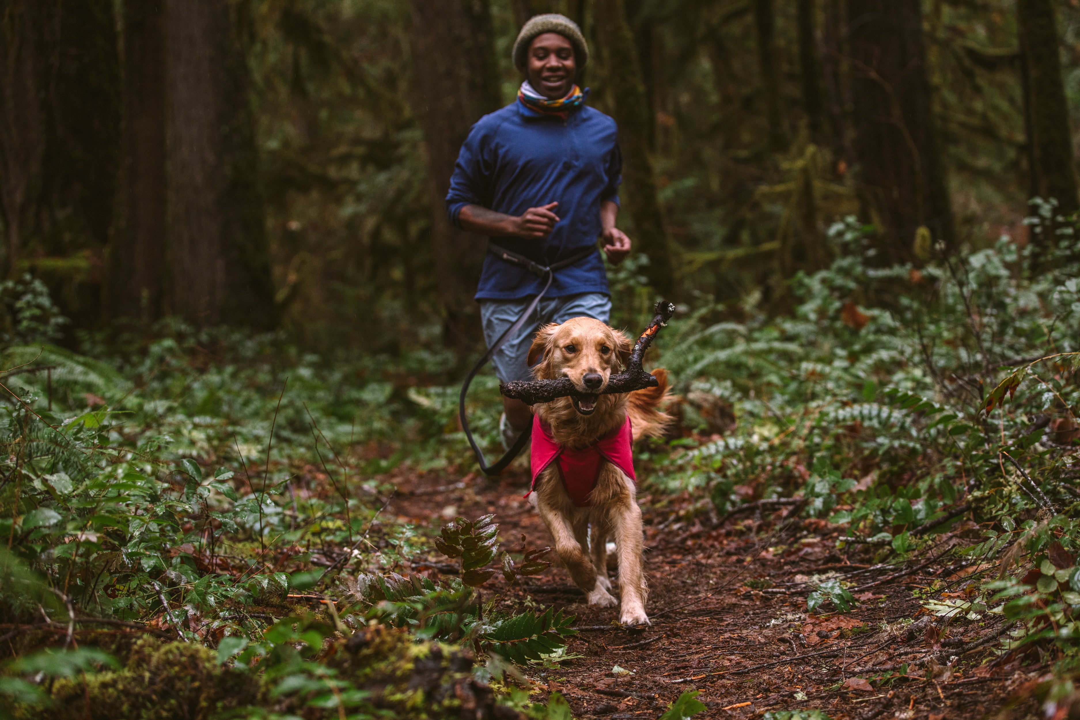 A man goes trail running in the woods with his dog. 