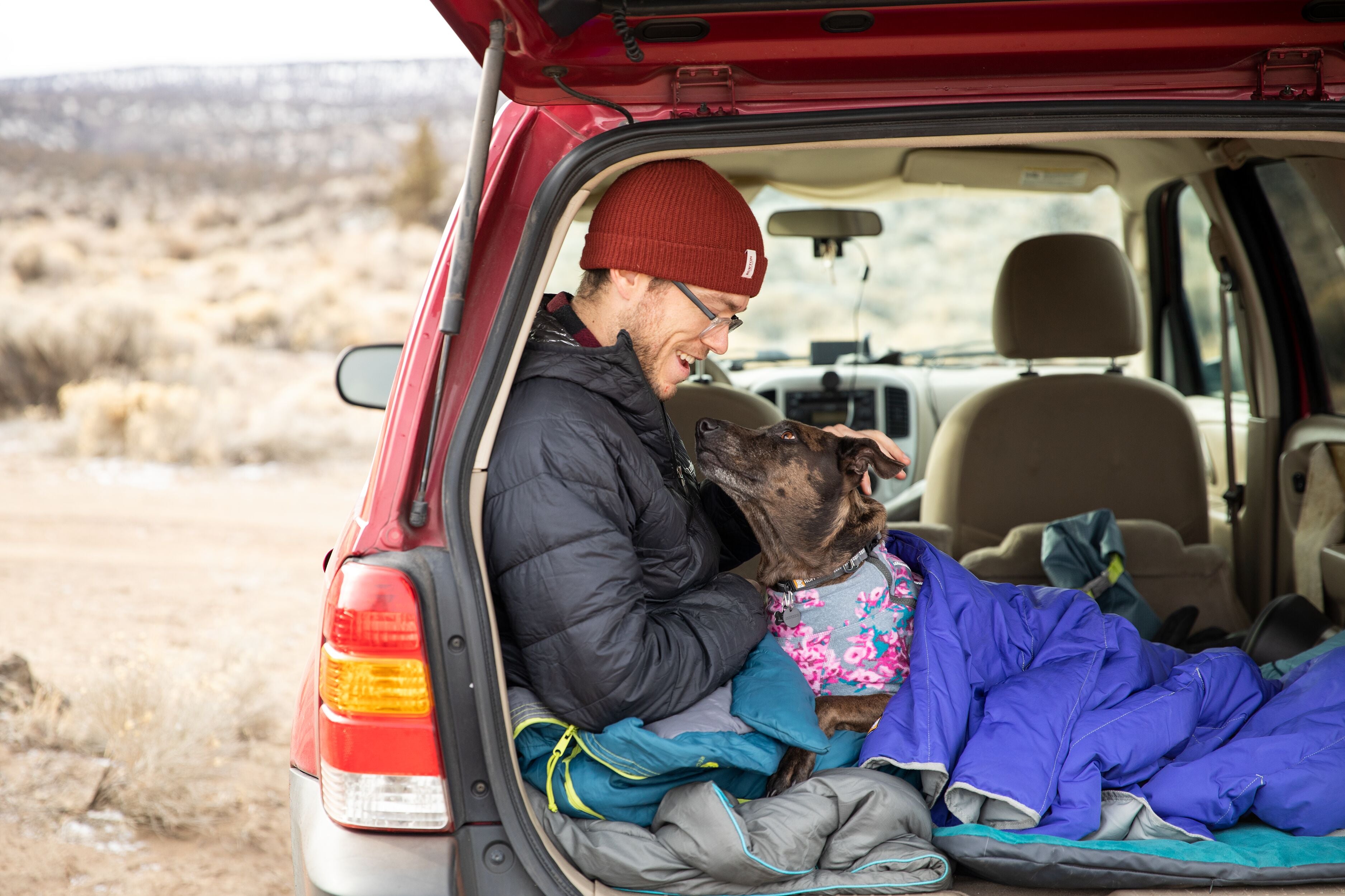 A man sits in the trunk of his car with his dog while on a road trip. 