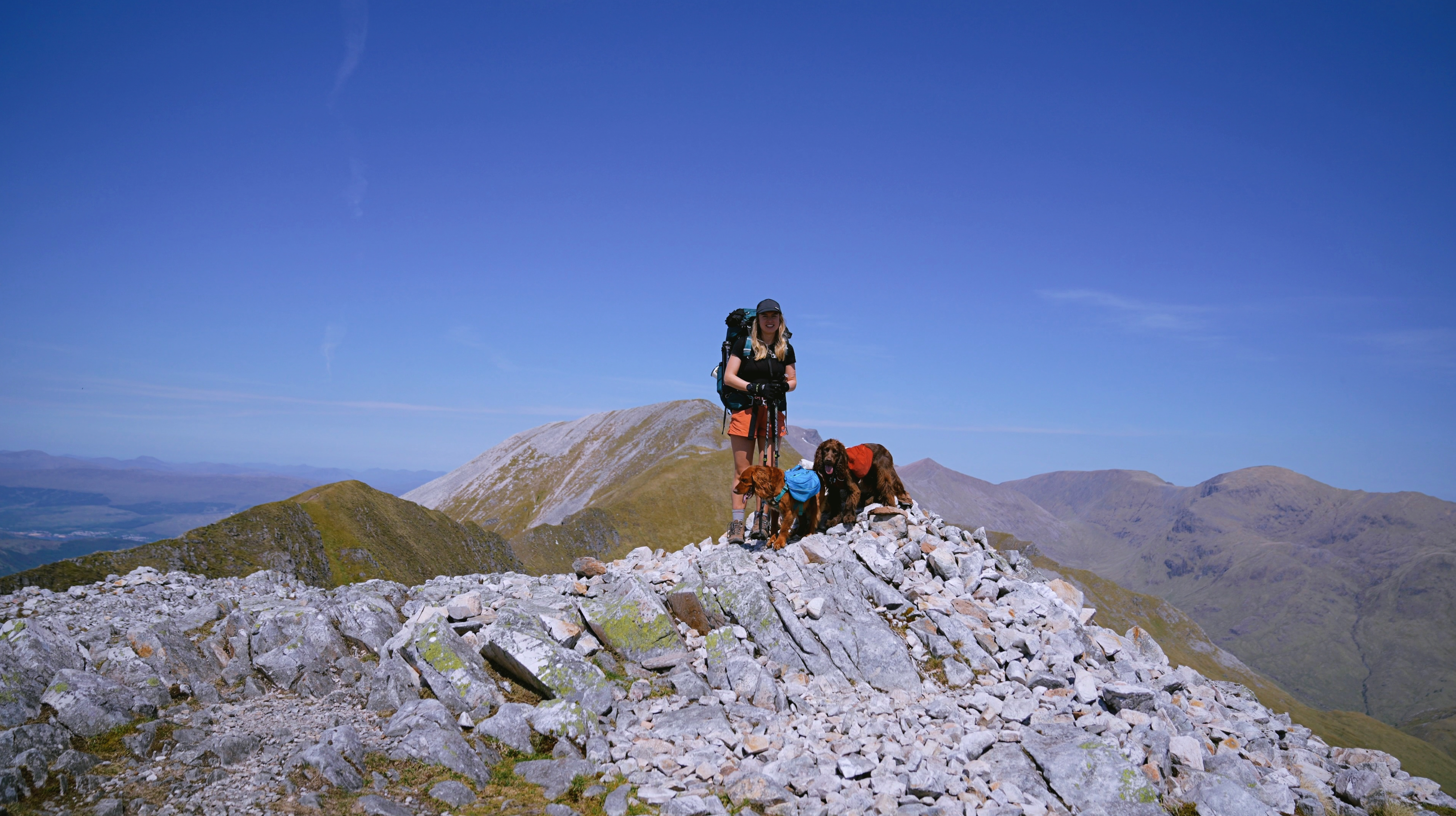 Woman and two dogs on a Munro peak in Scotland