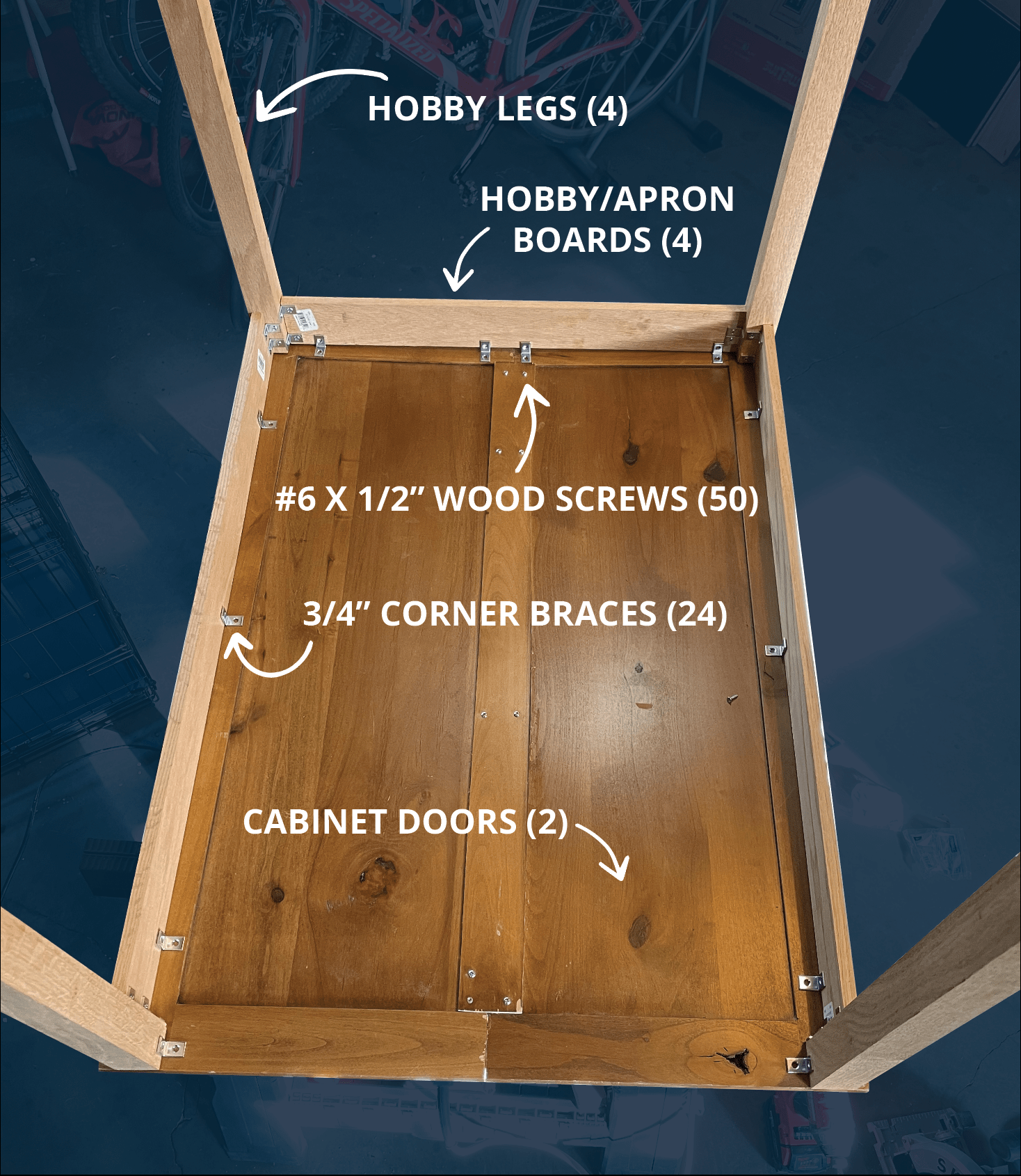 A flat lay of the dog crate listing all the different components.