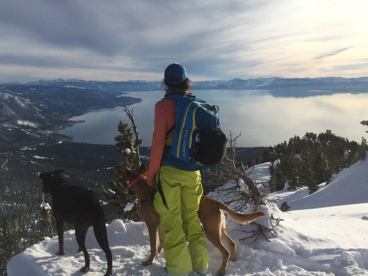 Laura and dogs looking over a lake from a snowy hill.
