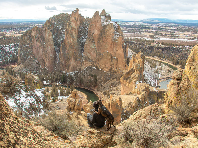 Kahlua in webmaster harness gives trevor a hug from behind up high on rocks at Smith Rock.