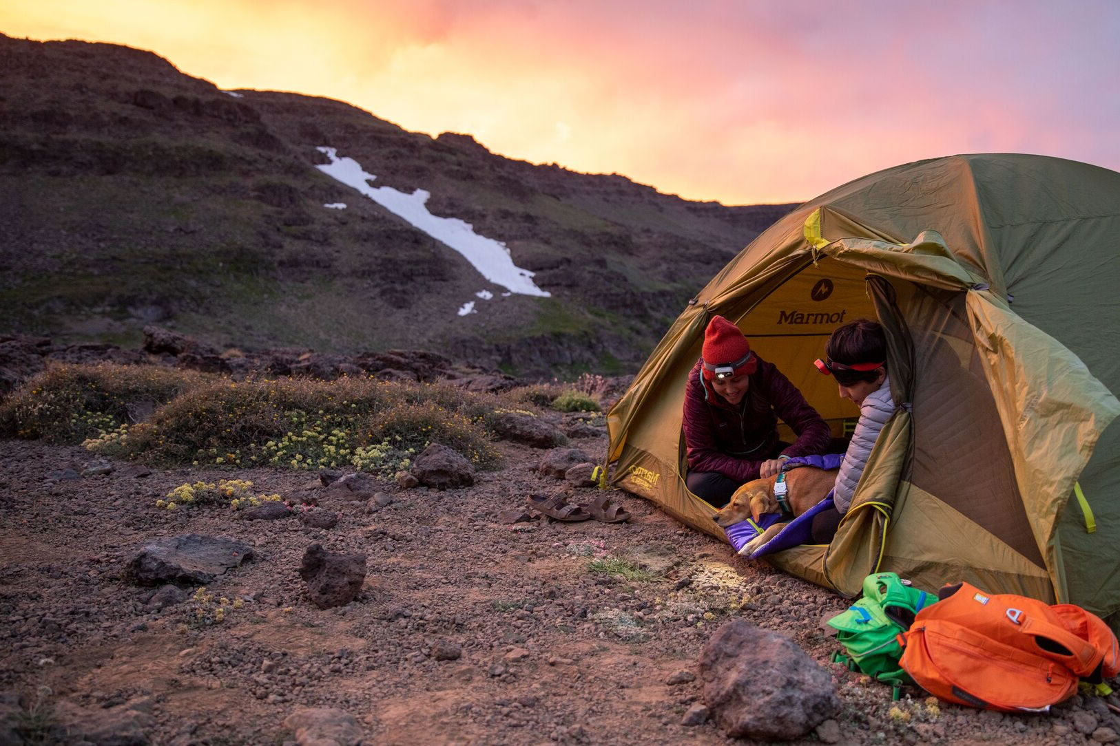 Dog lays in between two humans in tent at sunset, wearing top rope collar with metal buckle.