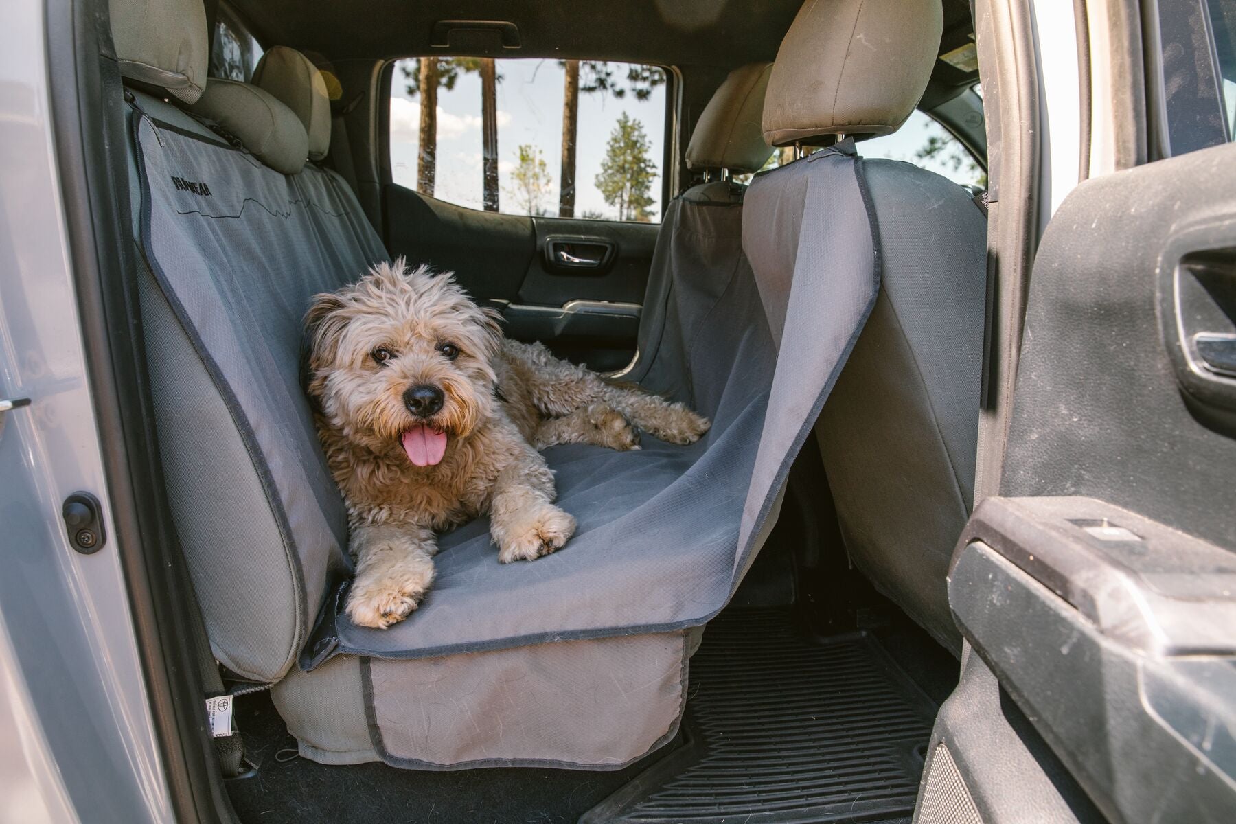 A dog sits in the car on top of the Ruffwear Dirtbag™ Seat Cover. 