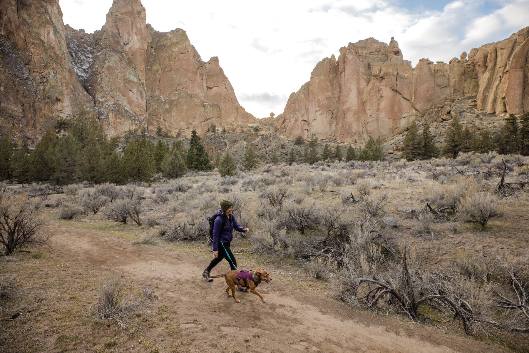 Woman and Tri-pawed dog hiking on a desert trail