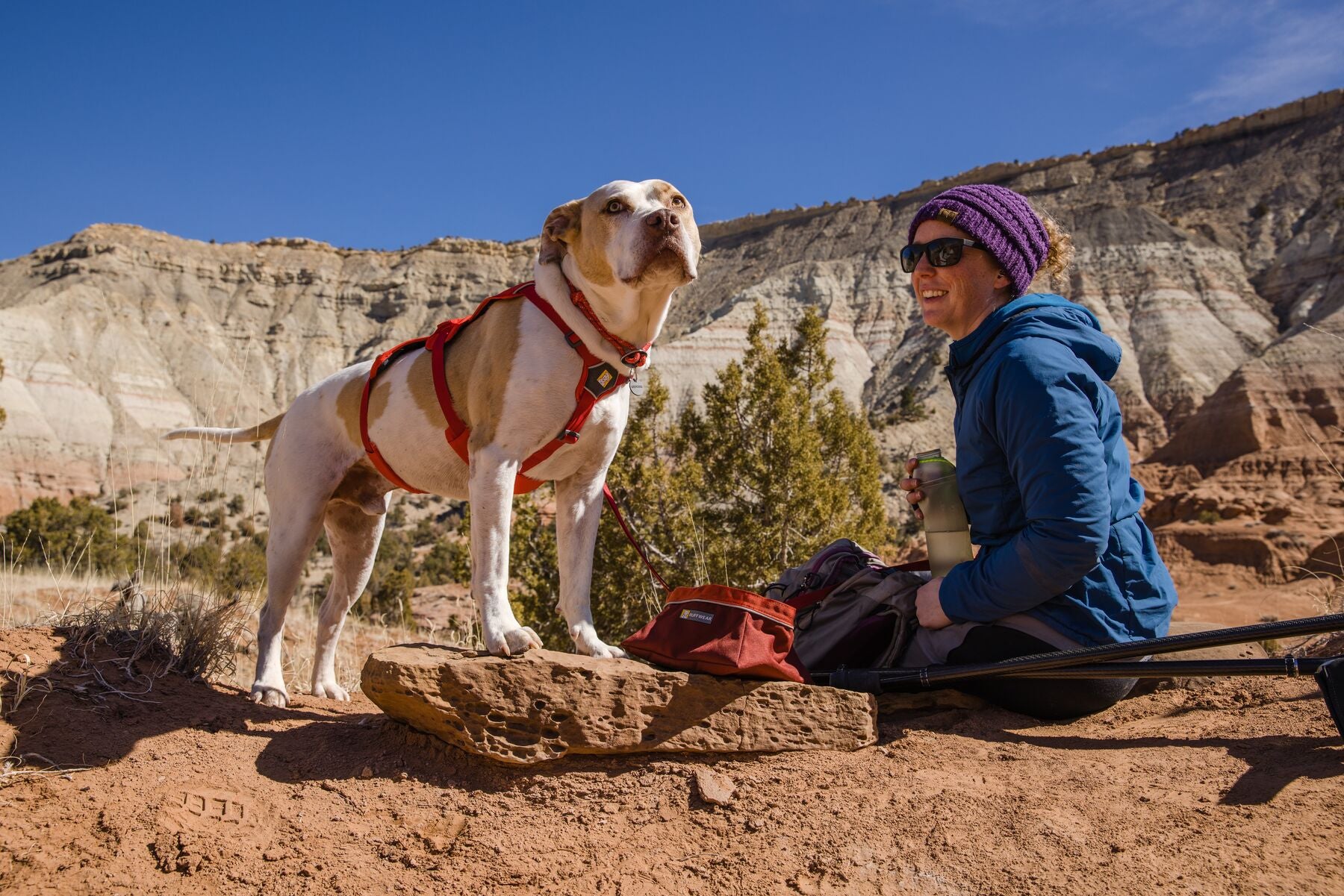 Woman and dog taking a water break on the trail