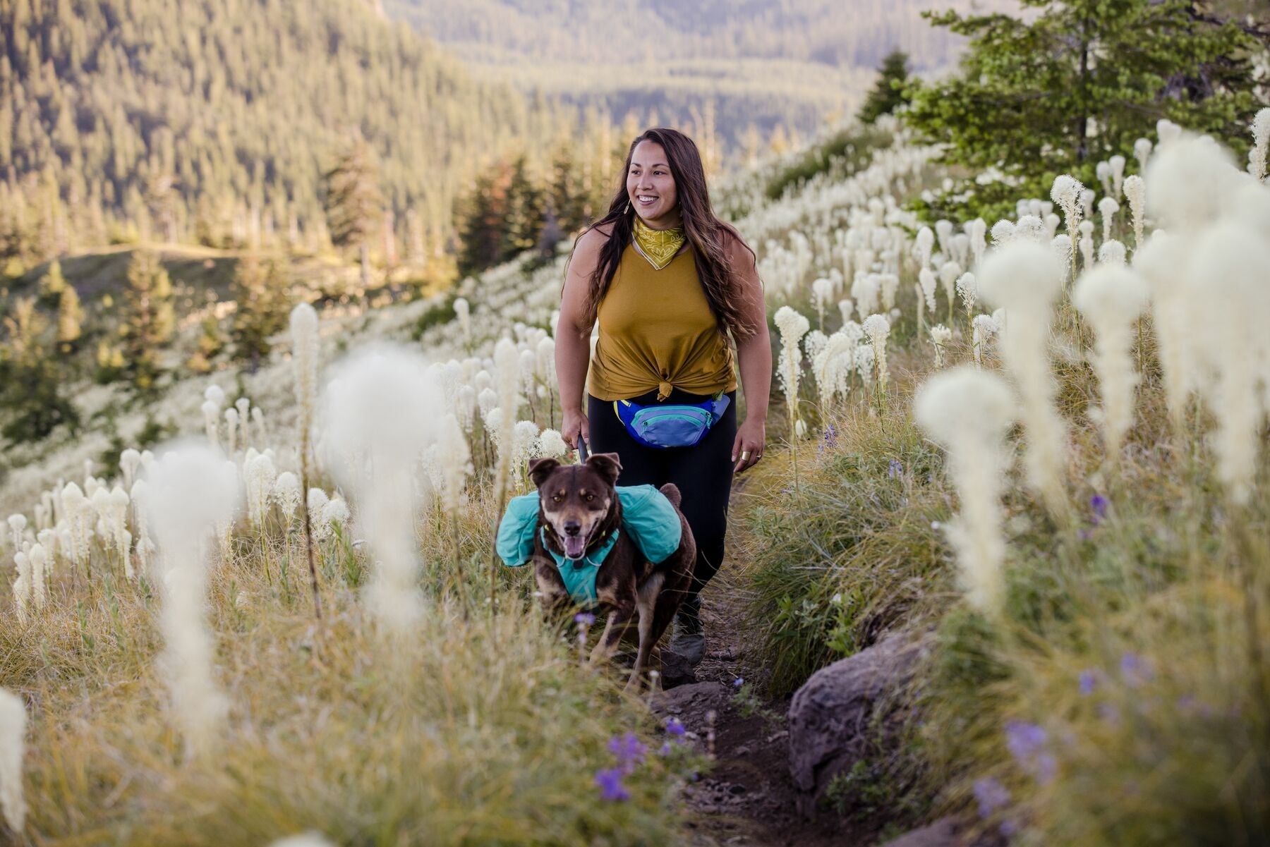 Woman and dog walking among white wildflowers