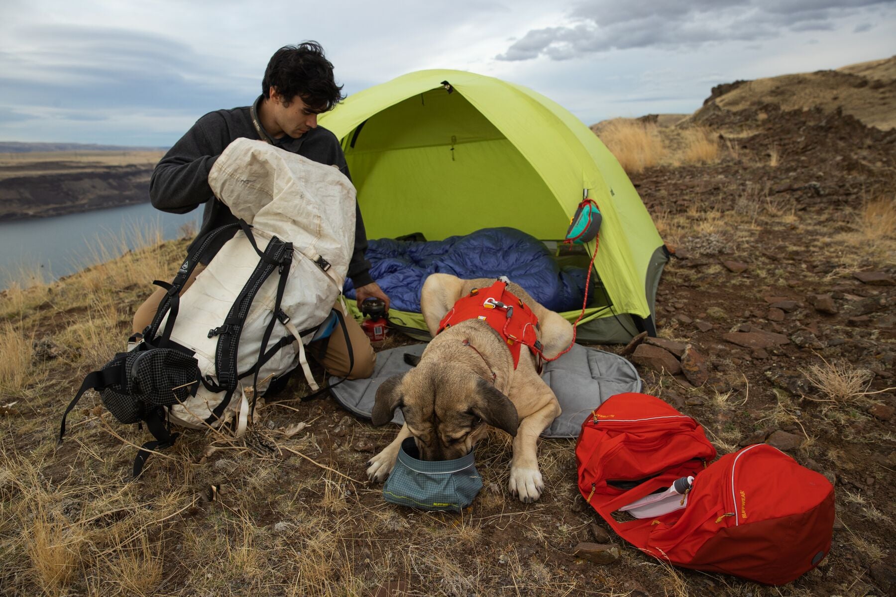 Man unpacking his backpack with his dog near a tent.