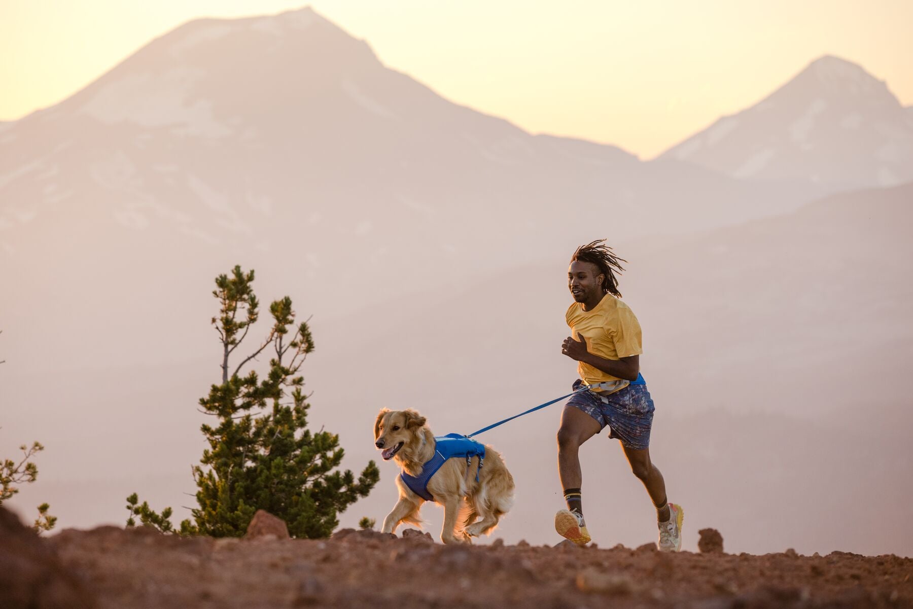 Man and dog trail running together at sunset in the mountains