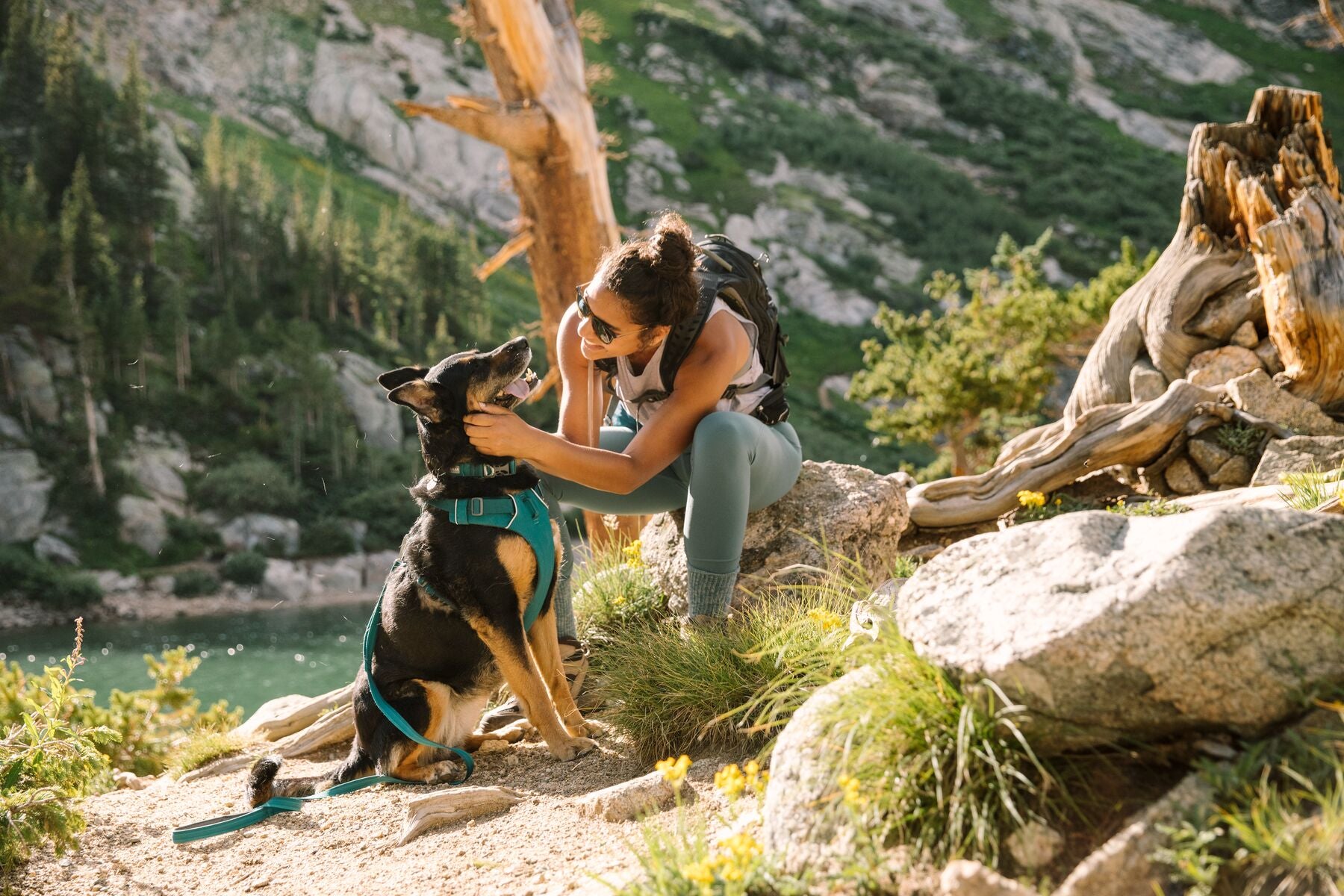 A woman sits near a lake and smiles at her dog who wears a Front Range® Dog Harness.