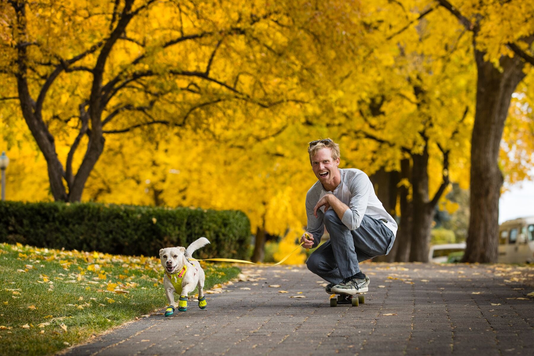 Man skateboard with his dog running next to him