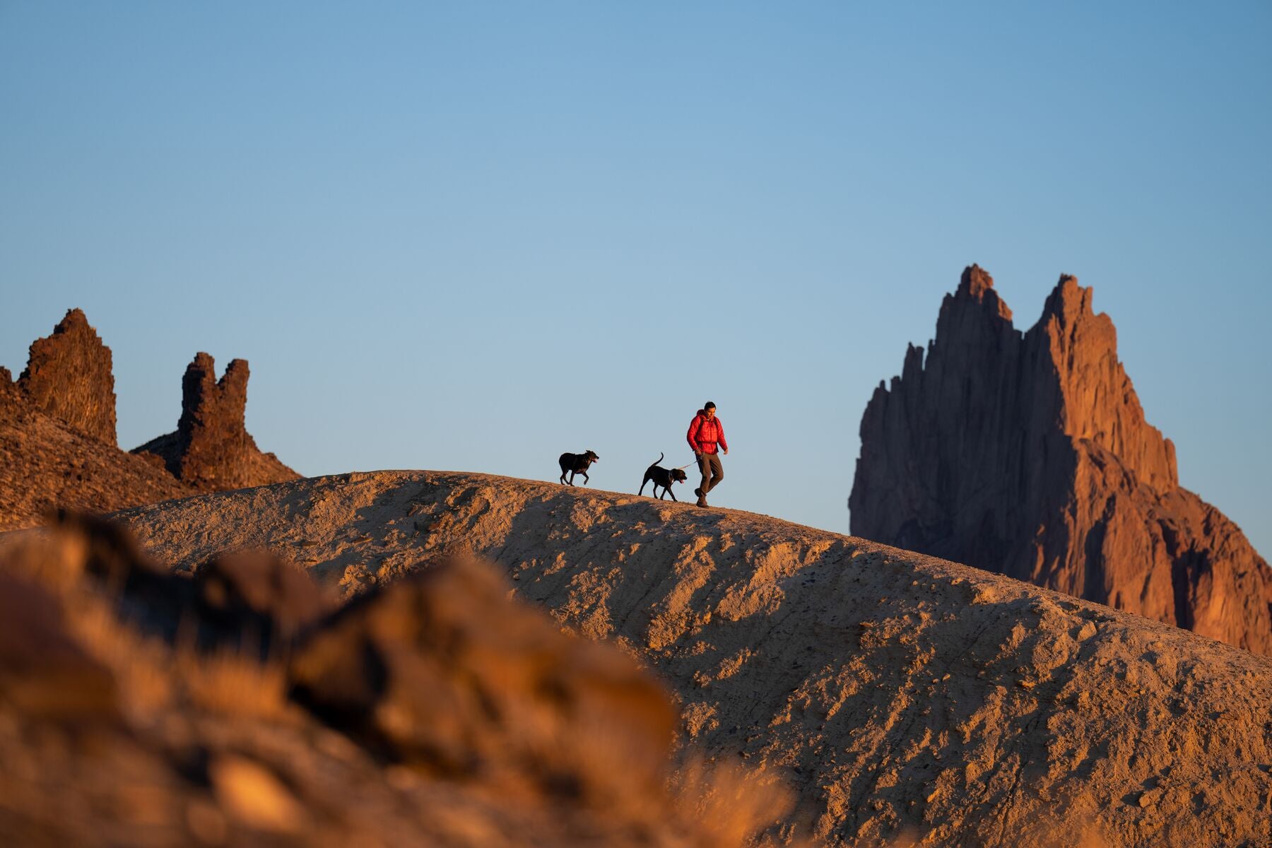 Vernan Kee hikes with two of his dogs.