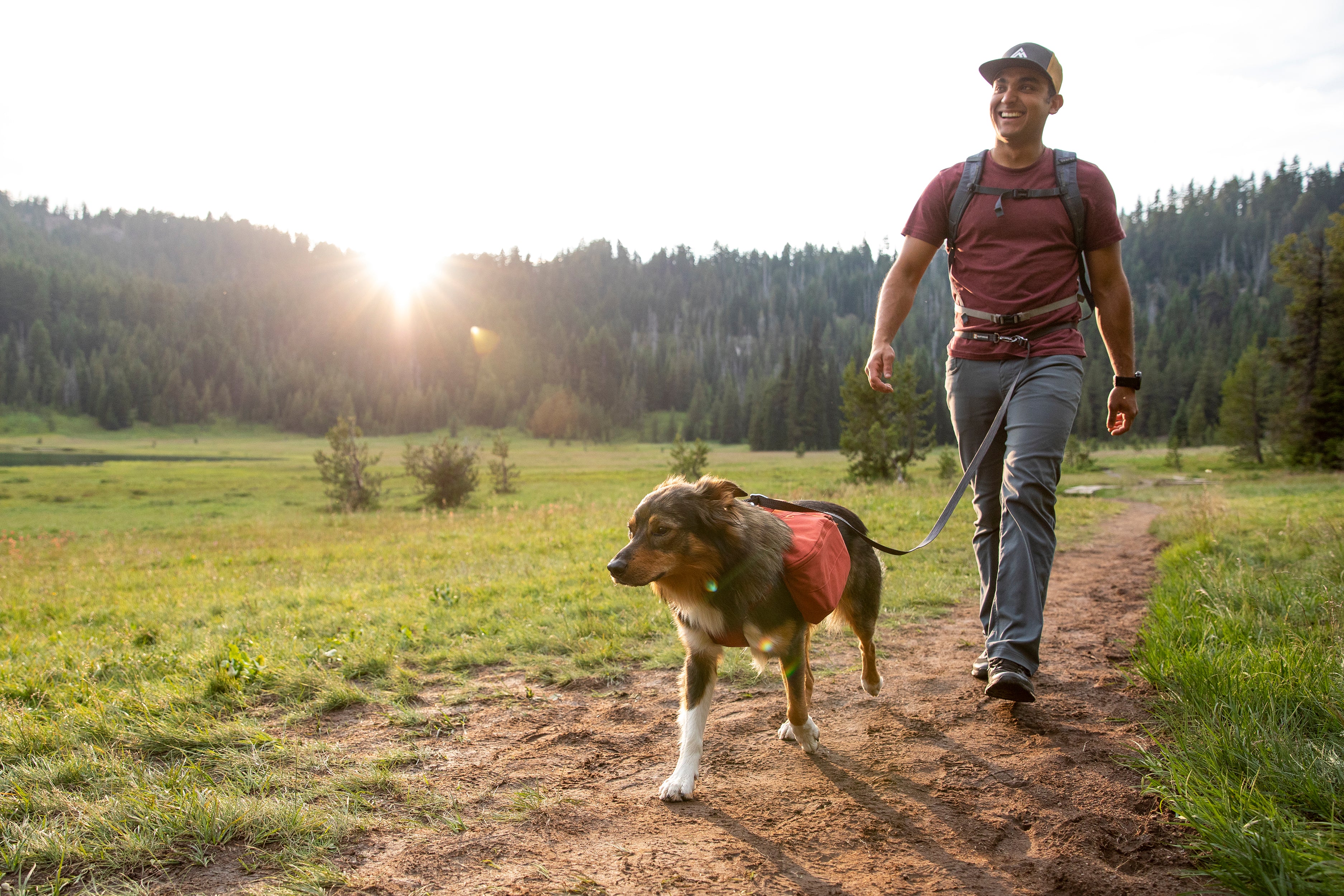 Man and dog with backpack hiking