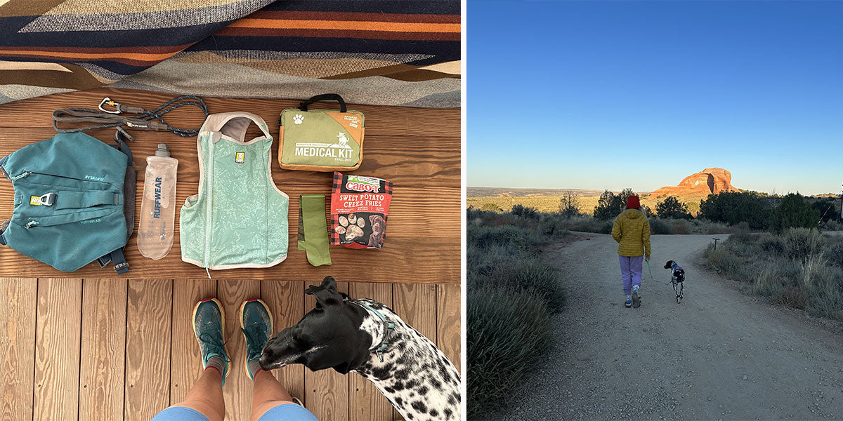 In the left image, Dani and Vilas stand by a flat lay of Ruffwear gear. In the right image they walk together on a Moab trail.