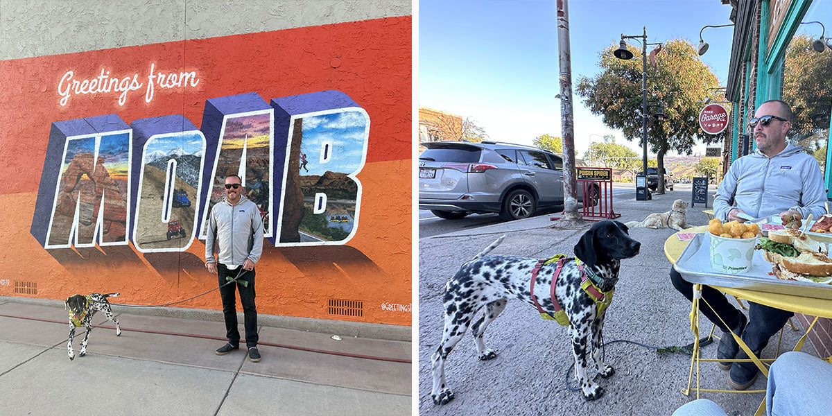 Brian and Vilas stand by the Moab mural, then have lunch in a cafe together.