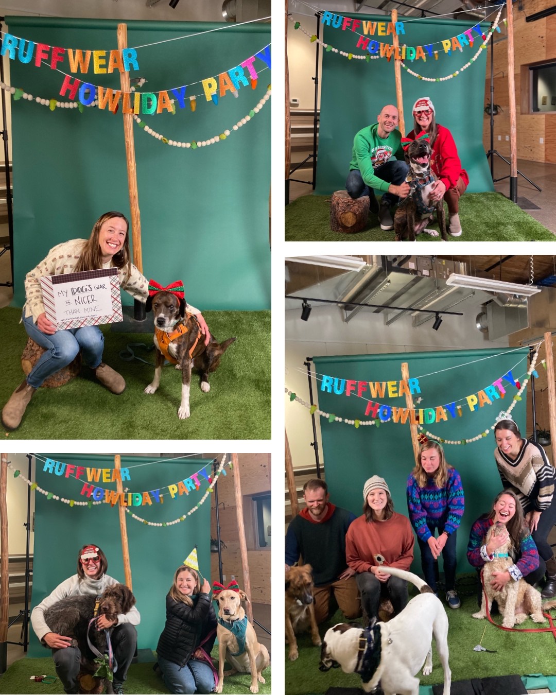 A series of pictures of people and their dogs posing at the Howliday Party Photo Booth.