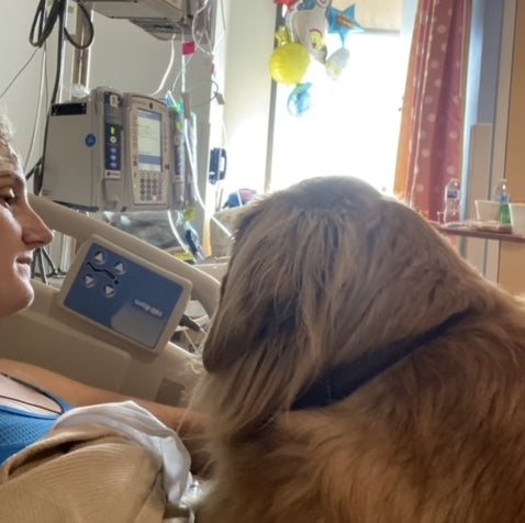 Allysa Seely's service dog, Mowgli, lays by her side on her hospital bed. 