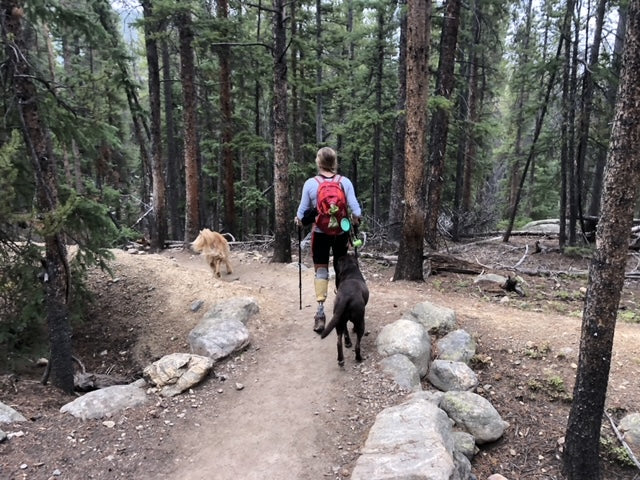 Allysa Seely hikes with her two service dogs. 