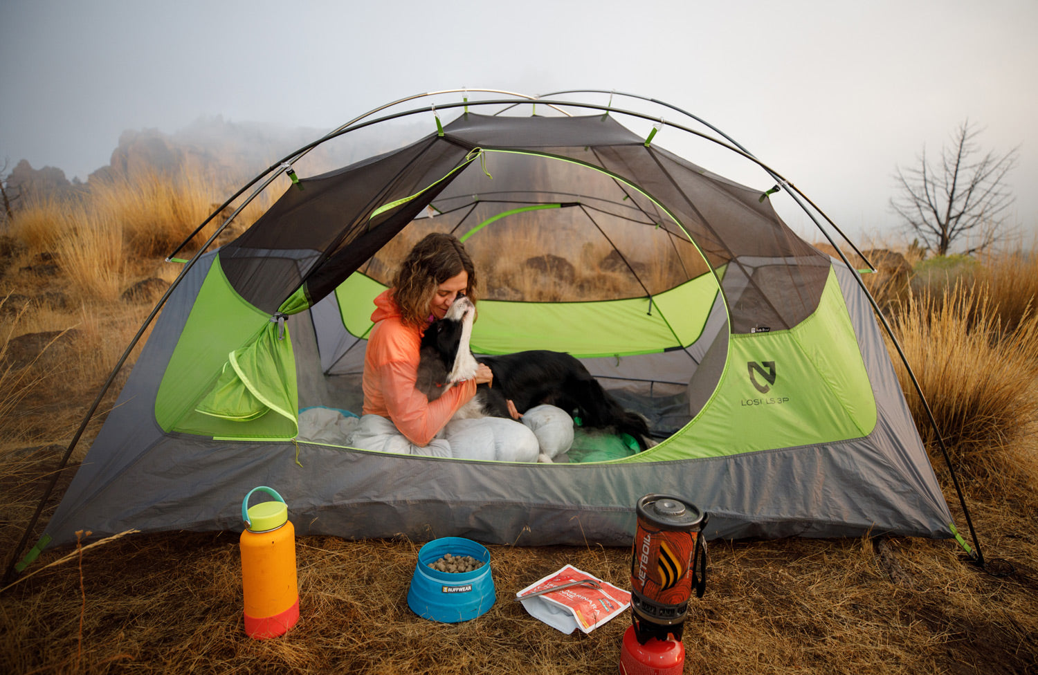 Woman camps with dog in tent.