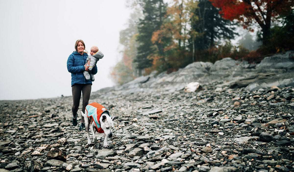 A woman holds her baby as she walks with her dog on a Fall path.