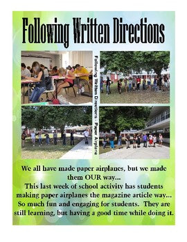 Following Directions Activity Paper Airplane from a Magazine Article