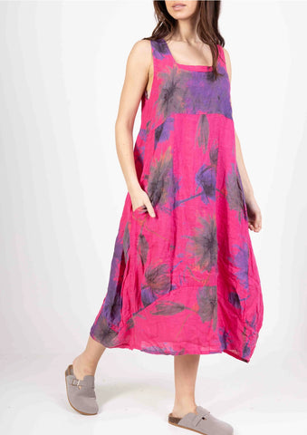 Sleeveless Floral Print Linen Dress-Fiberartboutique.com