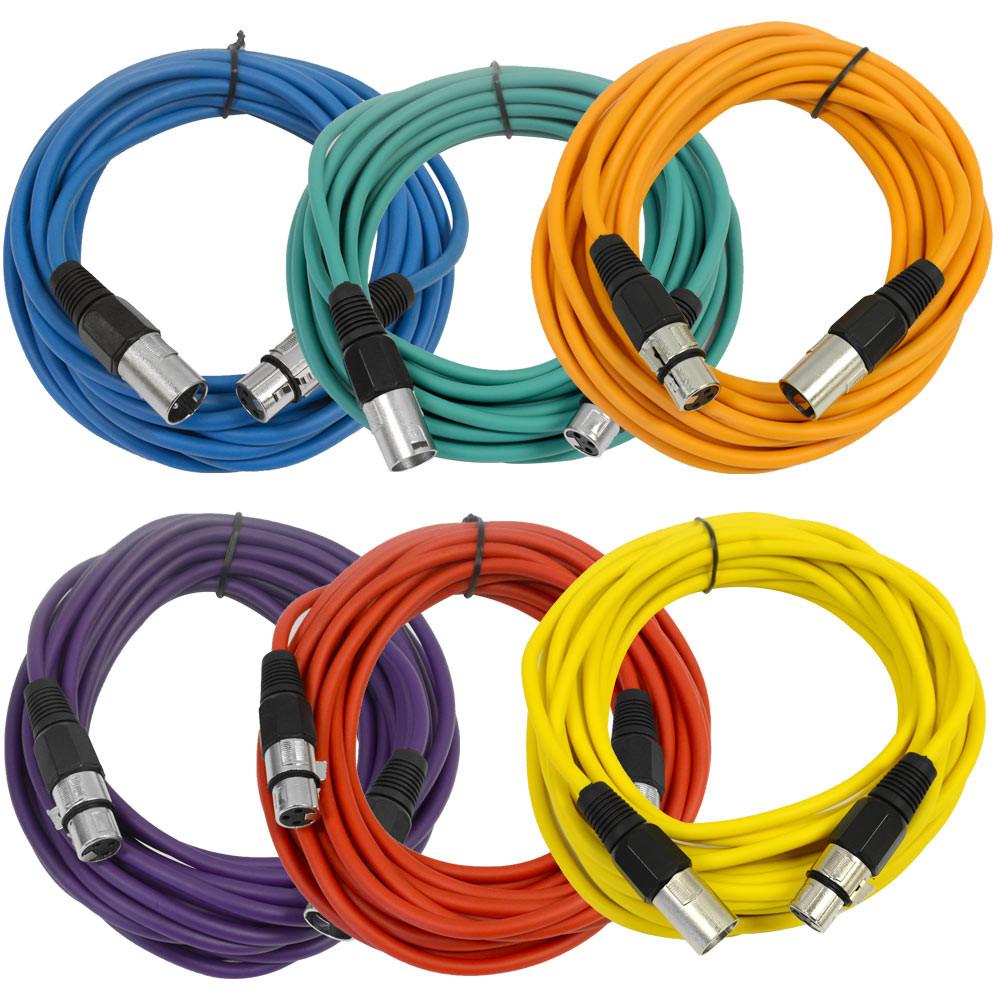 6 Pack 25 Foot XLR Microphone Cable Male to Female Multi Colors XLR