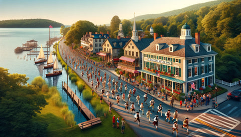 Here is the image depicting a historical running event set in Sackets Harbor, NY, featuring the 1812 Challenge with runners in period attire along Lake Ontario, with the Harbor House Inn in the background. This scene captures the blend of history, culture, and natural beauty of the area.