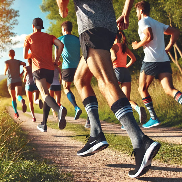 Illustration contrasting a worn-out cotton sock with a high-performance technical running sock to showcase the key benefits of quality materials and design.