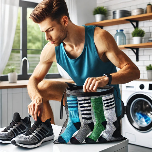 Washing machine with labeled mesh laundry bag containing socks, representing proper sock care.