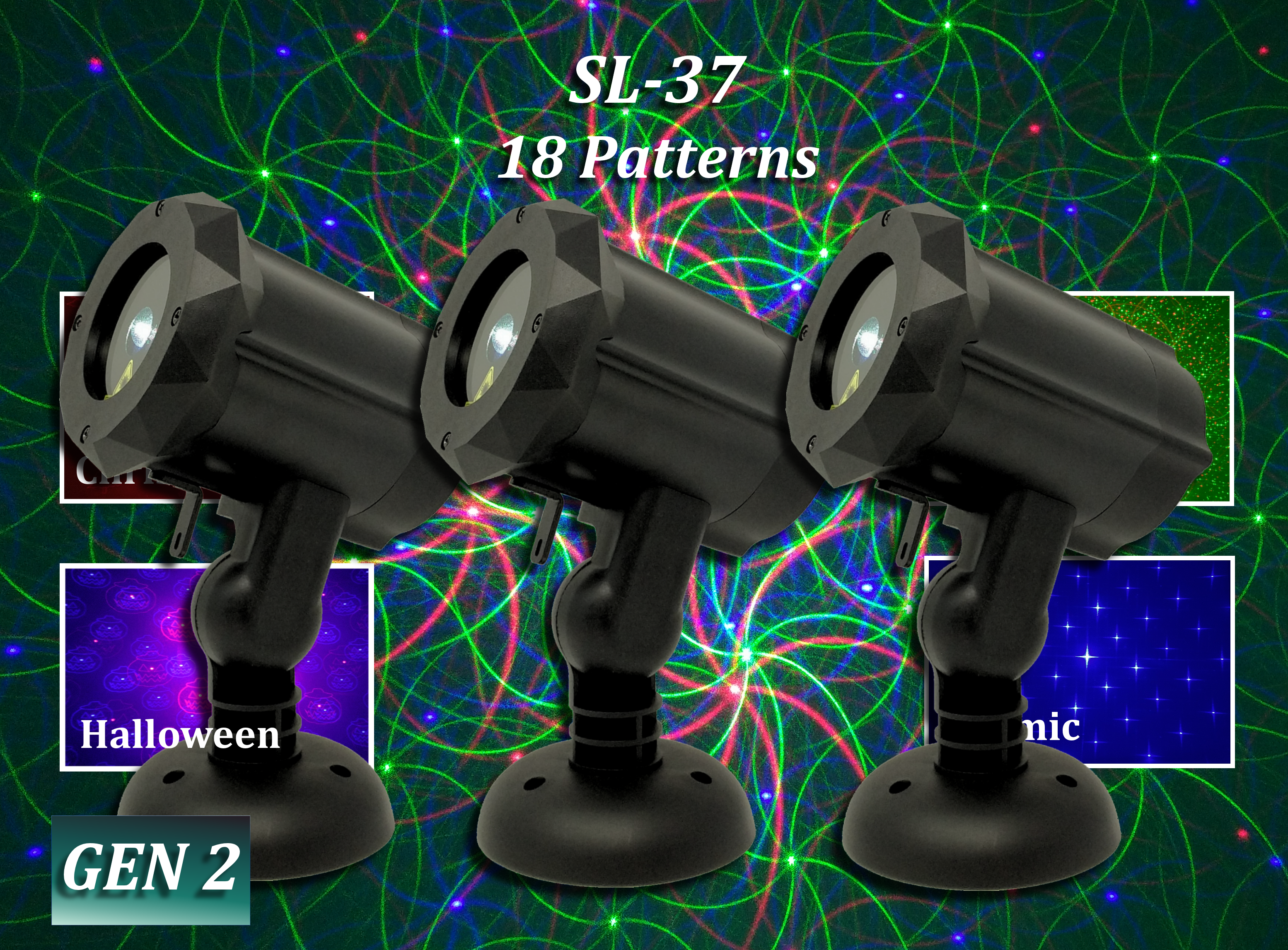 SL-37 - 3 PACK - RGB Moving 18 Pattern Laser Christmas Light -2nd GEN v2