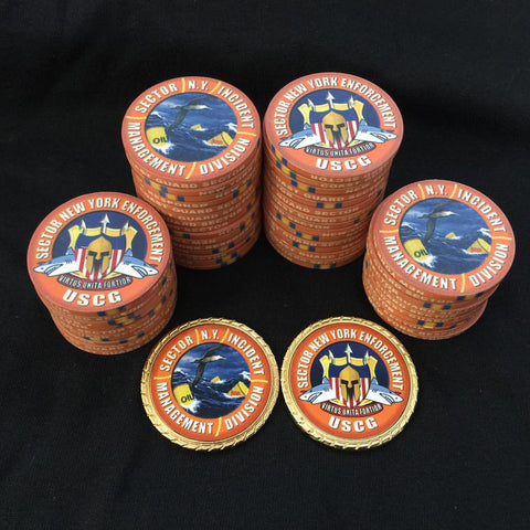 USCG ceramic and metal challenge coins