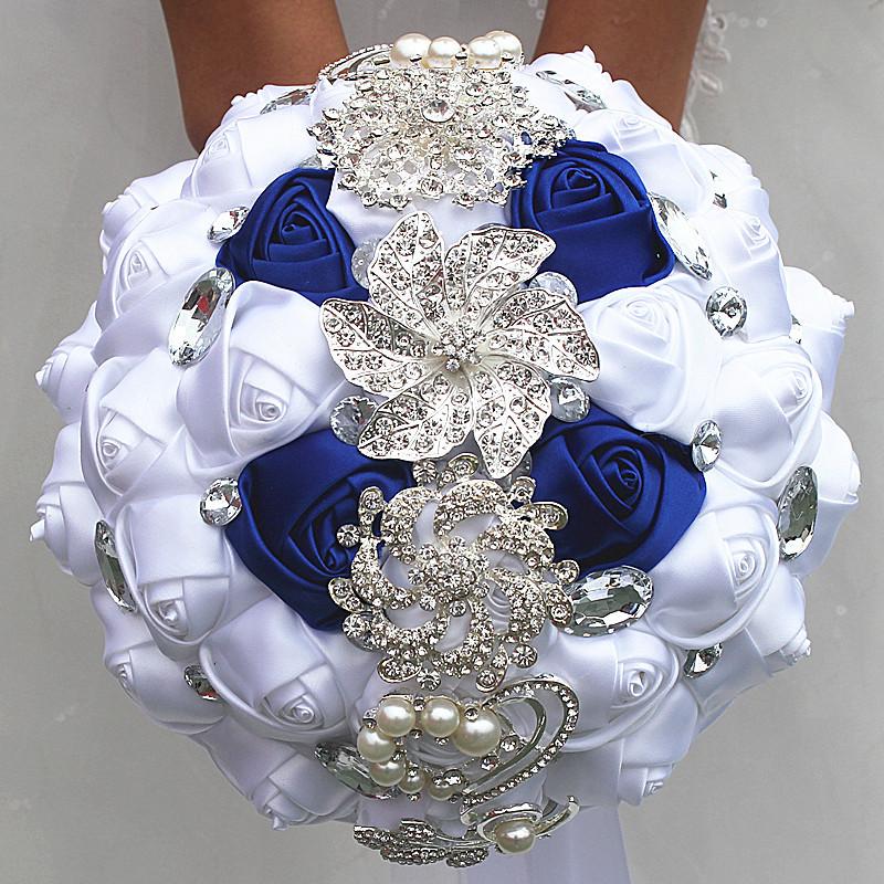 Royal Blue Wedding Bridal Bouquets Satin Crystal Wedding Bouquet With Bling Brides Bouquet 5924