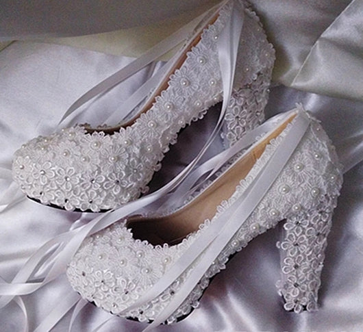 Bling Bridal Lace Pearls and Ribbons wedding pumps bridal shoes – Bling ...