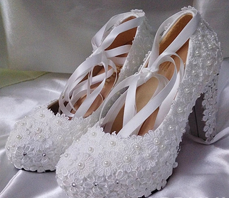 Bling Bridal Lace Pearls and Ribbons wedding pumps bridal shoes – Bling ...