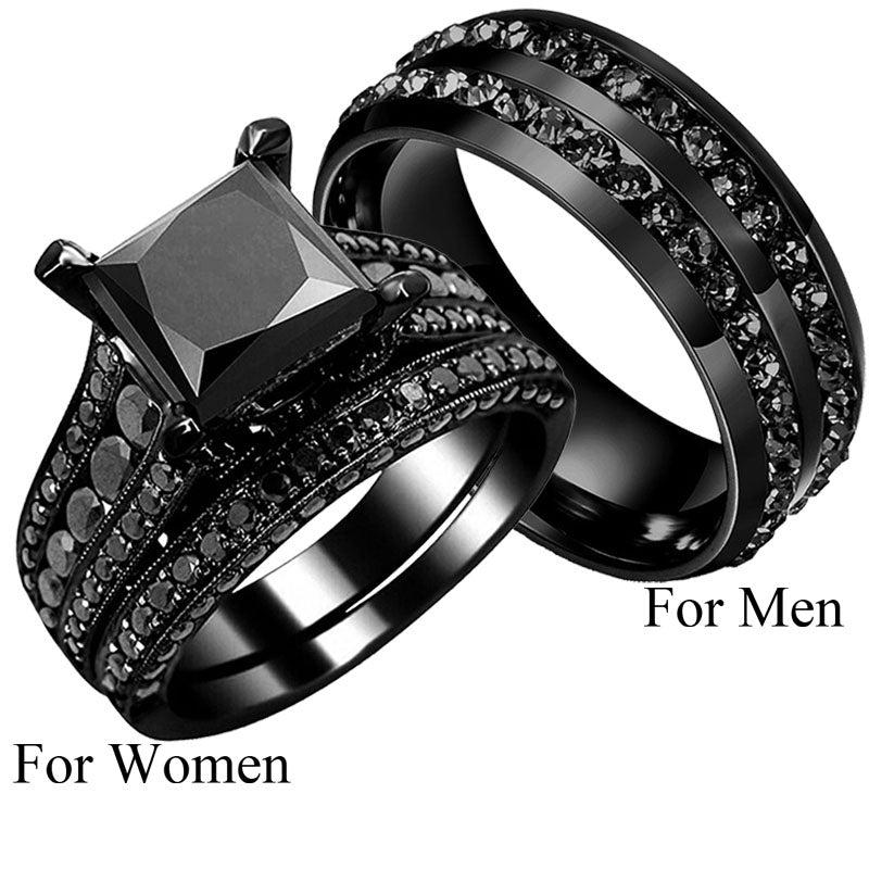Black Princess Cut Zircon Engagement Ring Set His Her Couple Ring ...